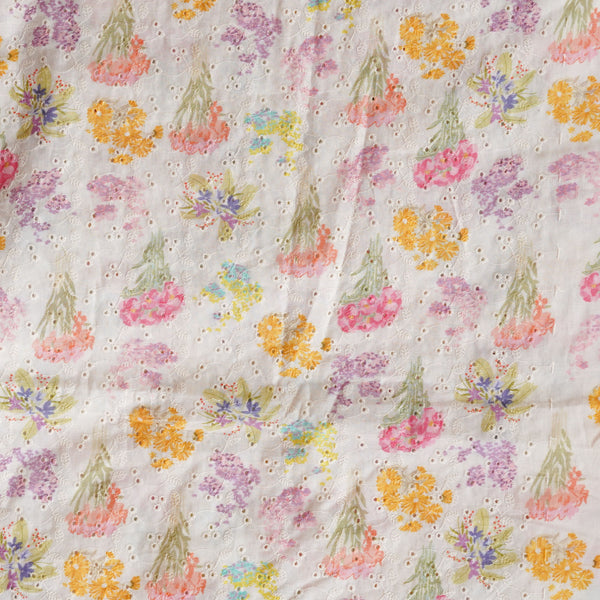 (Width 44 Inches) Pure Cotton Hakoba Cream With Multi Flower Digital Print Fabric