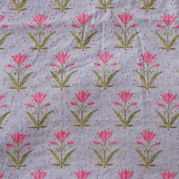(Width 44 Inches) Pure Cotton Hakoba Grey With Pink Flower Digital Print Fabric
