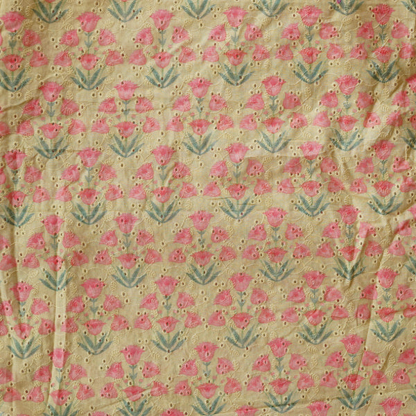 (Width 44 Inches) Pure Cotton Hakoba Mustard With Pink Tulip Feild Digital Print Fabric