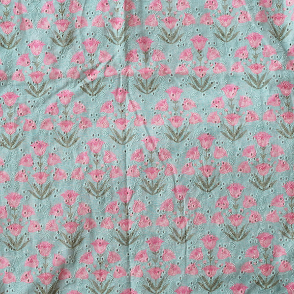 (Width 44 Inches) Pure Cotton Hakoba Sea Green With Pink Tulip Feild Digital Print Fabric