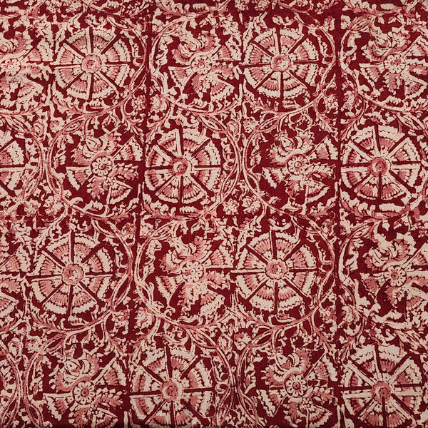 Pure Cotton Kalamkari Red With Cream Wild Flower Jaal Hand Block Print Fabric