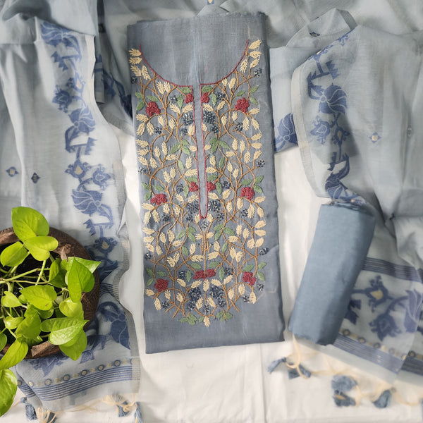 ZARA-Linen Cotton Grey With Hand Emboriderey Yoke Top And Rayon Grey Bottom And Jambani Grey Dupatta