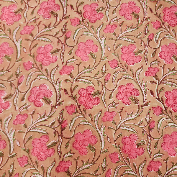 ( Pre-Cut 1.70 Meter ) Pure Cotton Jaipuri Chicku With Pink Flower Jaal Hand Block Print Fabric
