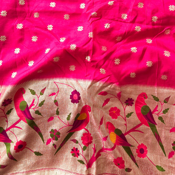Banarasi Brocade Pink With Beautiful Parot  And Golden Flower Jaal Big Border Fabric