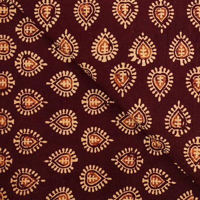 Pure Cotton Gamthi Maroon With Orange And Cream Small Paan Hand Block Print Fabric