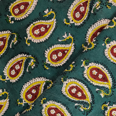 Pure Cotton Dabu Teal Green With Yellow And Rust Kairi Motifs Hand Block Print Fabric