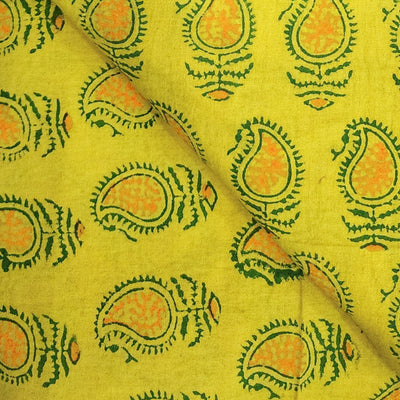 Pure Cotton Gamthi Yellow With Dark Green And Orange Kairi Hand Block Print Fabric
