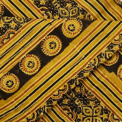 Pure Cotton Ajrak Turmeric Dyed With Chakra Tile Stripes Border Hand Block Print Fabric