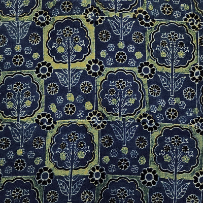 Pure Cotton Ajrak Persian Blue With Squares And Floral Plants Motifs Hand Block Print  Fabric