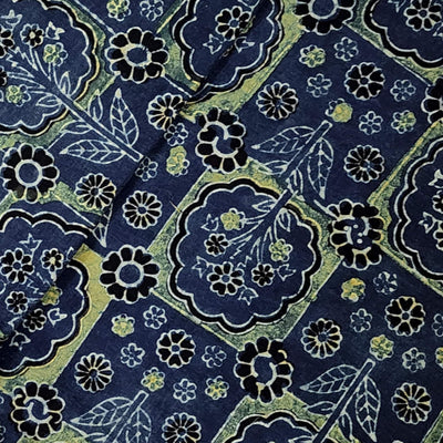Pure Cotton Ajrak Persian Blue With Squares And Floral Plants Motifs Hand Block Print  Fabric