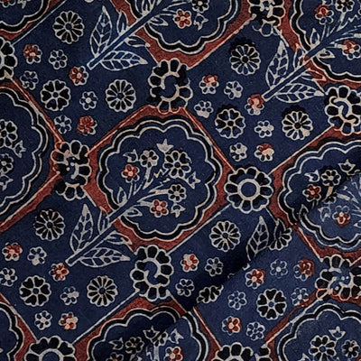 Pure Cotton Ajrak Blue With Squares And Floral Plants Motifs Hand Block Print Fabric