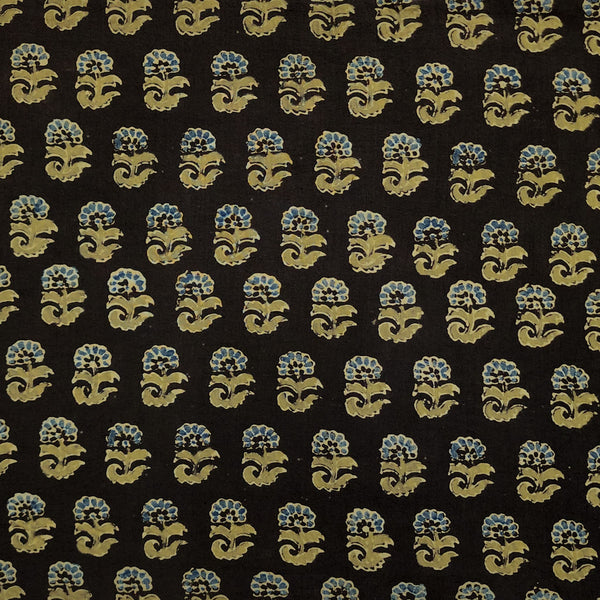 Pure Cotton Double Ajrak Brown With Blue Flowers Motifs Hand Block Print Fabric
