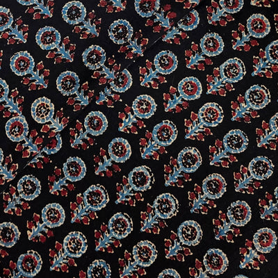 Pure Cotton Double Ajrak Black With Blue Rust Blooming Flower Bud Motifs Hand Block Print Fabric