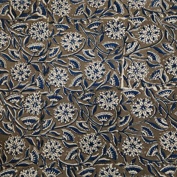Pure Cotton Double Ajrak Grey With Blue And Cream Floral Jaal Hand Block Print Fabric