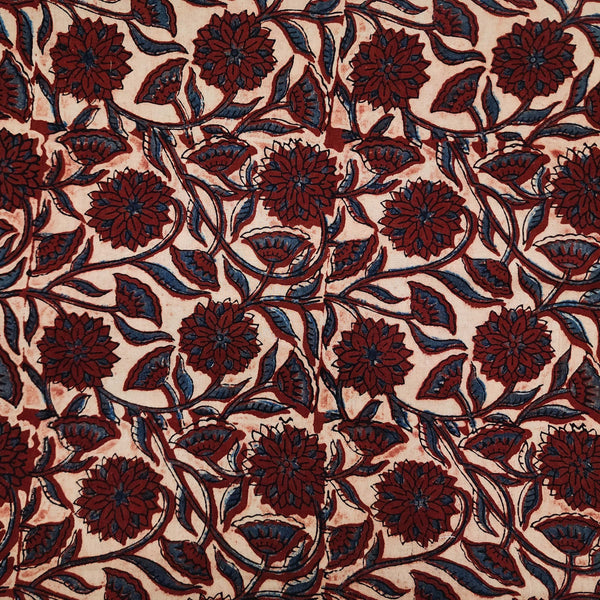 Pure Cotton Double Ajrak Light Rust With Blue And Rust Floral Jaal Hand Block Print Fabric