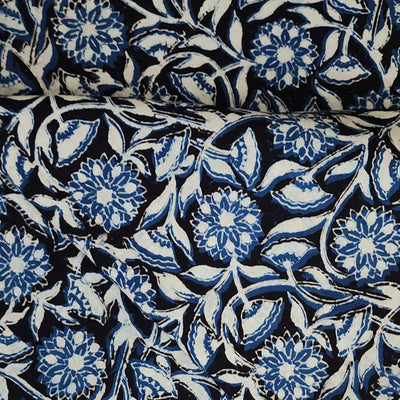 Pure Cotton Ajrak Black With Blue Floral Jaal Hand Block Print Fabric