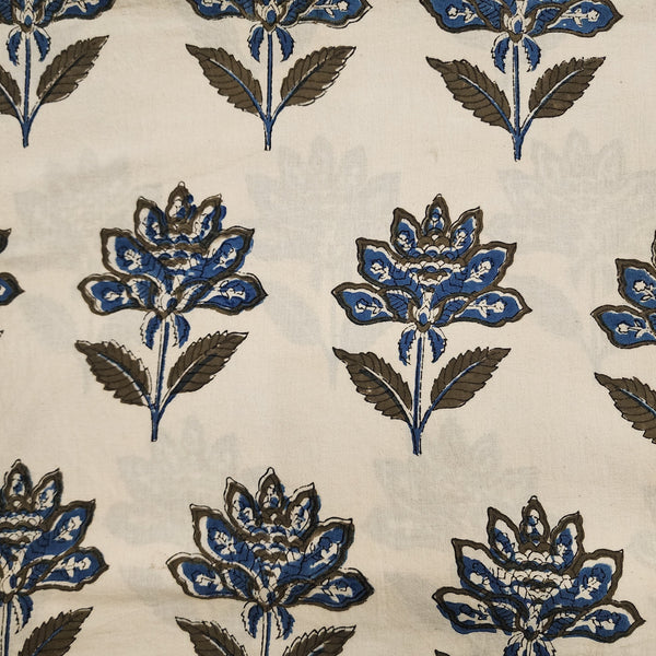 Pure Cotton Double Ajrak Cream With Big Wild Flower Motif Hand Block Print Fabric
