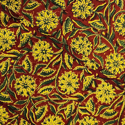 Pure Cotton Double Ajrak Rust With Green And Yellow Floral Jaal Hand Block Print Fabric