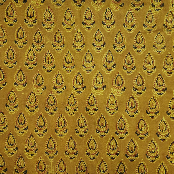 Pure Cotton Ajrak Turmeric Dyed With  Rust Black Leaf Plant Motif Hand Block Print Fabric