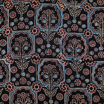 Pure Cotton Ajrak Black With Squares And Floral Plants Motifs Hand Block Print Fabric