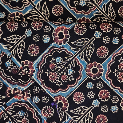 Pure Cotton Ajrak Black With Squares And Floral Plants Motifs Hand Block Print Fabric