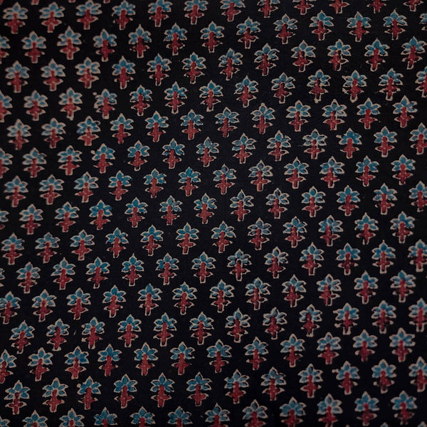 Pure Cotton Double Ajrak Black With Blue Rust Small Flower Hand Block Print Fabric