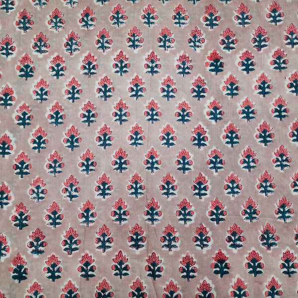 Pure Cotton Jaipuri Chicku Brown With Peach Flower Motifs Hand Block Print Fabric