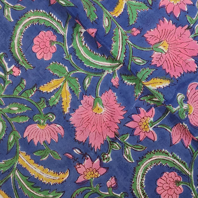 Pure Cotton Jaipuri Dark Blue With Green And Pink And Yellow Flower Jaal Hand Block Print Fabric