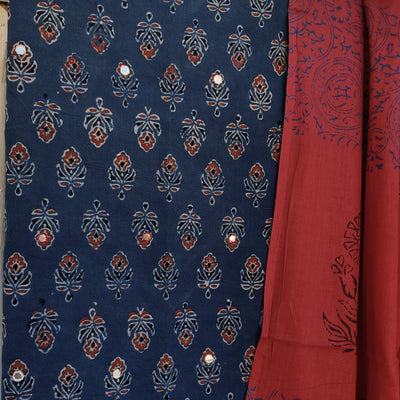 AAHANA - Pure Cotton Ajrak Small Mirror Work Top With Plain Bottom And A Beautiful Printed Dupatta Blue Motifs