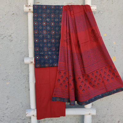 AAHANA - Pure Cotton Ajrak Small Mirror Work Top With Plain Bottom And A Beautiful Printed Dupatta Blue Stars