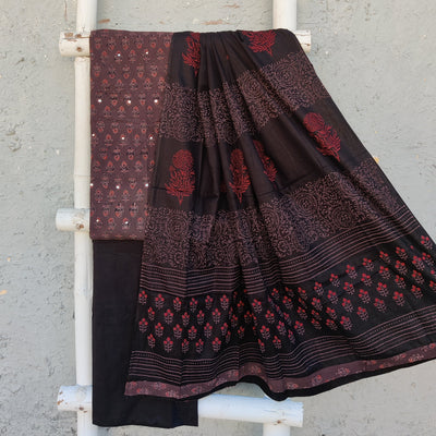 AAHANA - Pure Cotton Ajrak Small Mirror Work Top With Plain Bottom And A Beautiful Printed Dupatta Brown Motifs