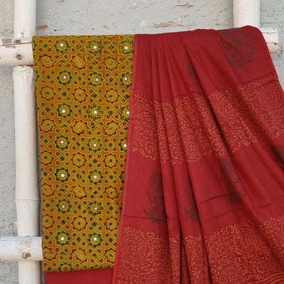 AAHANA - Pure Cotton Ajrak Small Mirror Work Top With Plain Bottom And A Beautiful Printed Dupatta Turmeric Dyed Stars