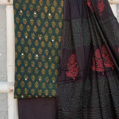 AAHANA - Pure Cotton Ajrak Small Mirror Work Top With Plain Bottom And A Beautiful Printed Dupatta