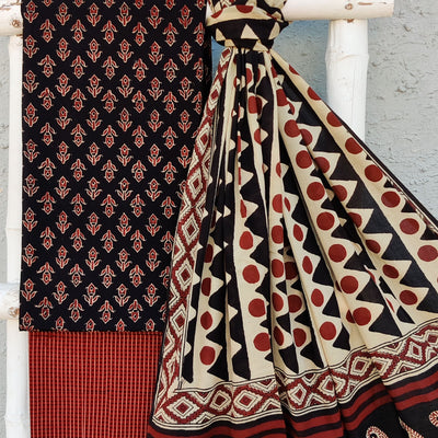 AARA - Pure Cotton Vegetable Dyed Black Ajrak Top With Madder Stripes Bottom And A Hand Block Printed Dupatta