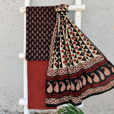 AARA - Pure Cotton Vegetable Dyed Black Ajrak Top With Madder Stripes Bottom And A Hand Block Printed Dupatta