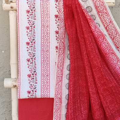 AARA - Pure Cotton White With Border Stripes Top Fabric With Plain Cotton Bottom And A Pure Cotton Dupatta