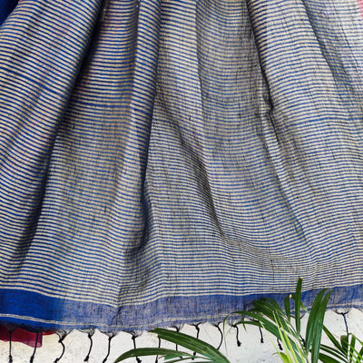 AARU - Beautiful Dark Blue Linen Saree With Stripes Palla