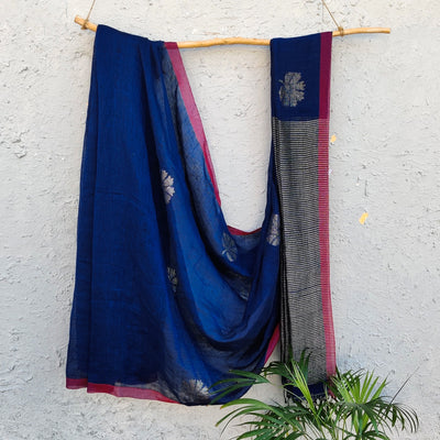 AARU - Beautiful Dark Blue Linen Saree With Stripes Palla