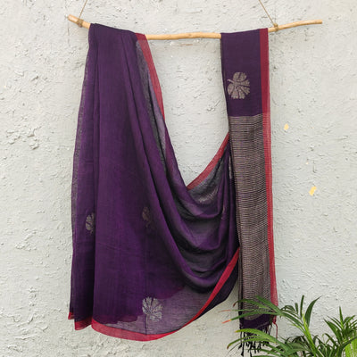 AARU - Beautiful Purple Linen Saree With Stripes Palla
