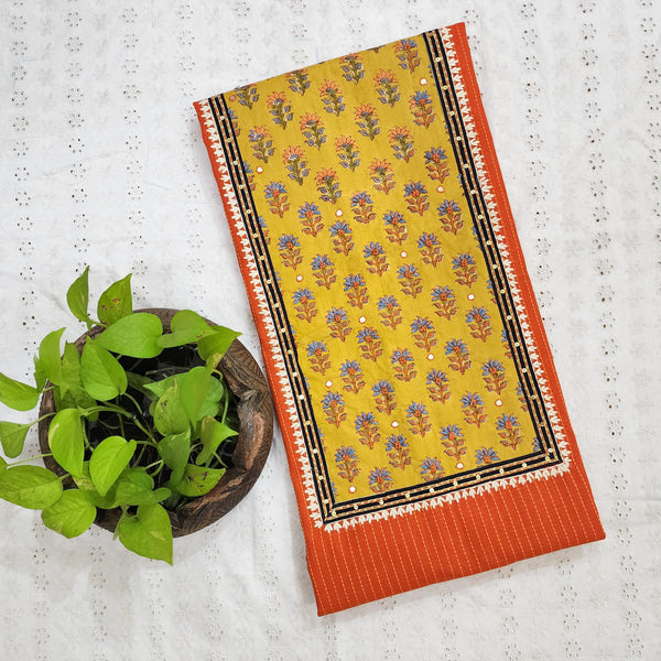 AASAWARI- Pure Cotton Handloom Orange With Yellow Yoke Pre Designed Unstitched Kurta Fabric