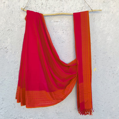 AASAWARI - Pure Cotton Pink Orange Manipur Inspired Bengal Weave Handwoven Saree