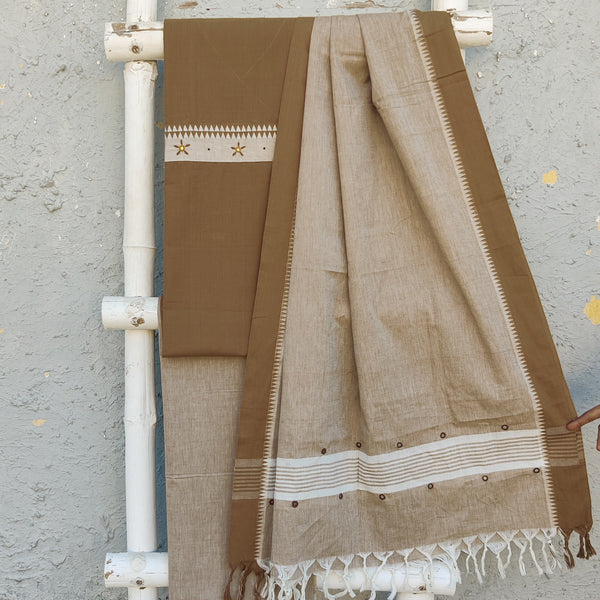 AASAWARI - Pure South Cotton Temple Border Handloom Set With Beautiful Hand Embroidery Beige Brown Cream