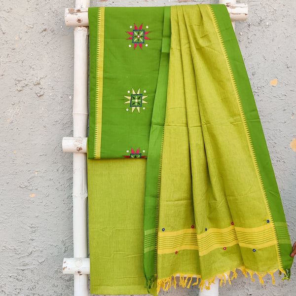 AASAWARI - Pure South Cotton Temple Border Handloom Set With Beautiful Hand Embroidery Green Yellow