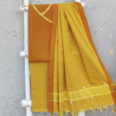 AASAWARI - Pure Cotton South Cotton Temple Border Handloom Set With Beautiful Hand Embroidery Mustard Yellow