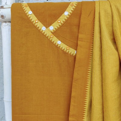AASAWARI - Pure Cotton South Cotton Temple Border Handloom Set With Beautiful Hand Embroidery Mustard Yellow