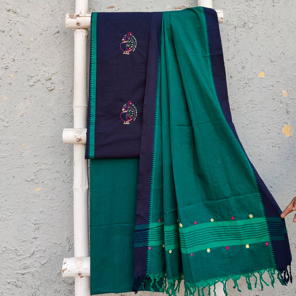 AASAWARI - Pure Cotton South Cotton Temple Border Handloom Set With Beautiful Hand Embroidery Navy Teal