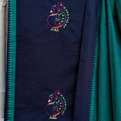 AASAWARI - Pure Cotton South Cotton Temple Border Handloom Set With Beautiful Hand Embroidery Navy Teal