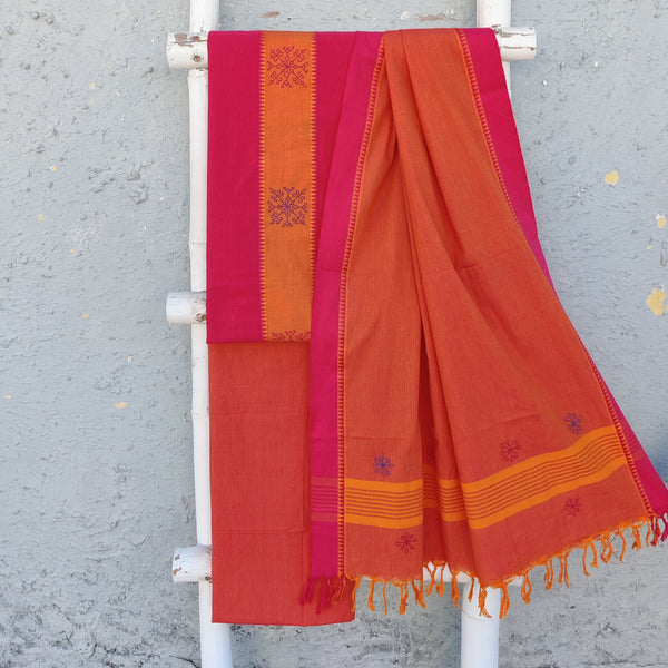 AASAWARI - Pure Cotton South Cotton Temple Border Handloom Set With Beautiful Hand Embroidery Pink Orange