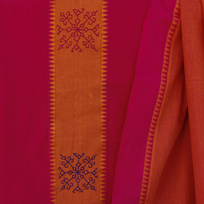 AASAWARI - Pure Cotton South Cotton Temple Border Handloom Set With Beautiful Hand Embroidery Pink Orange