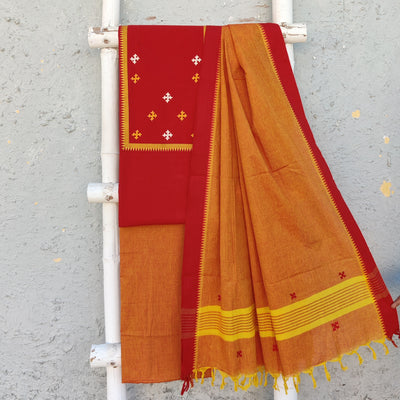 AASAWARI - Pure South Cotton Temple Border Handloom Set With Beautiful Hand Embroidery Sunset